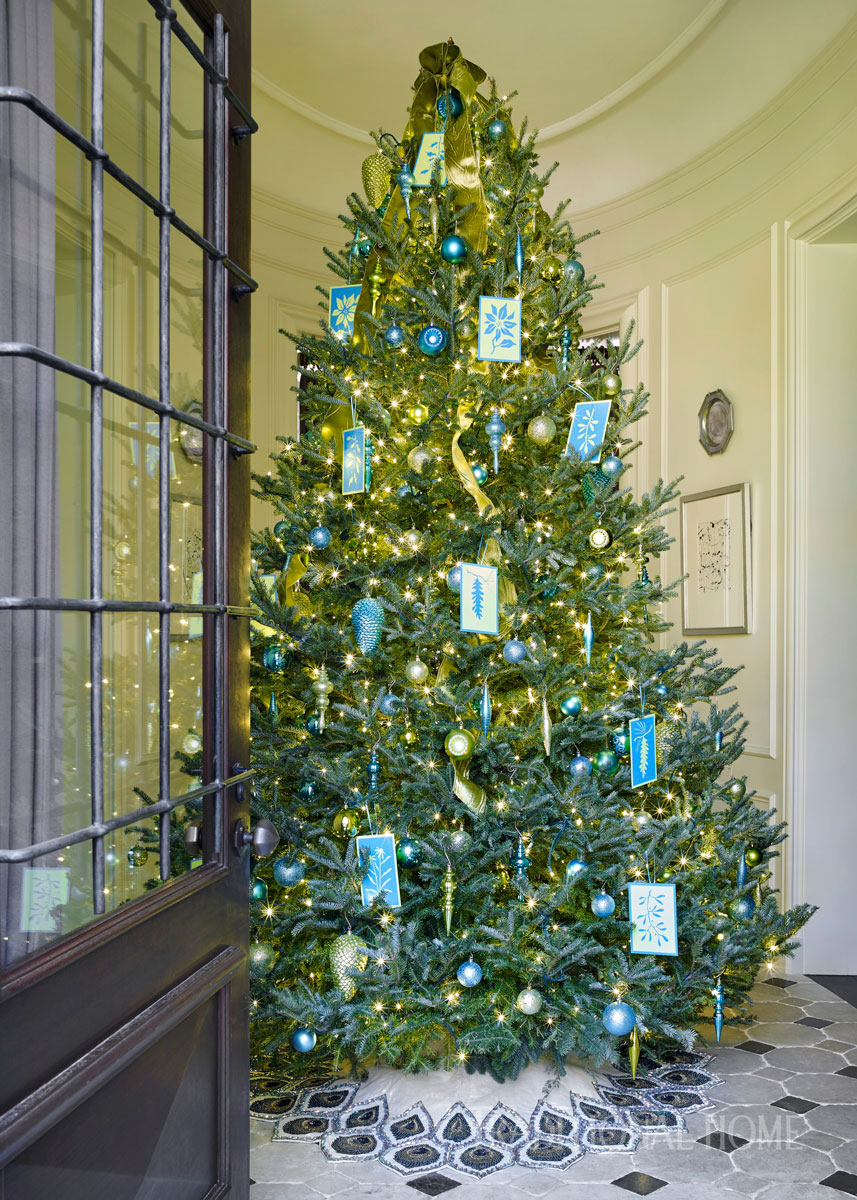 christmas tree with blue decorations