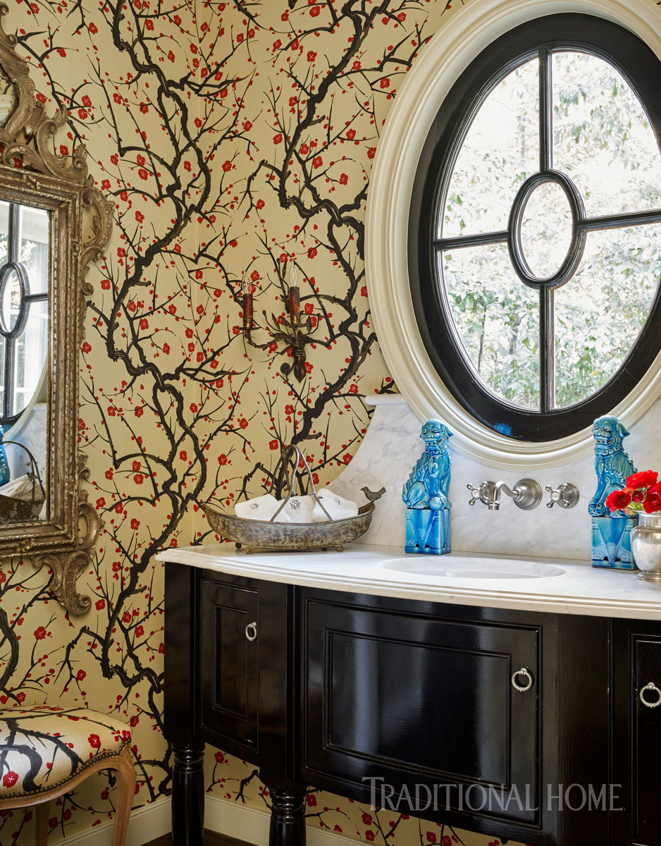 powder room with cherry blossom wallcovering