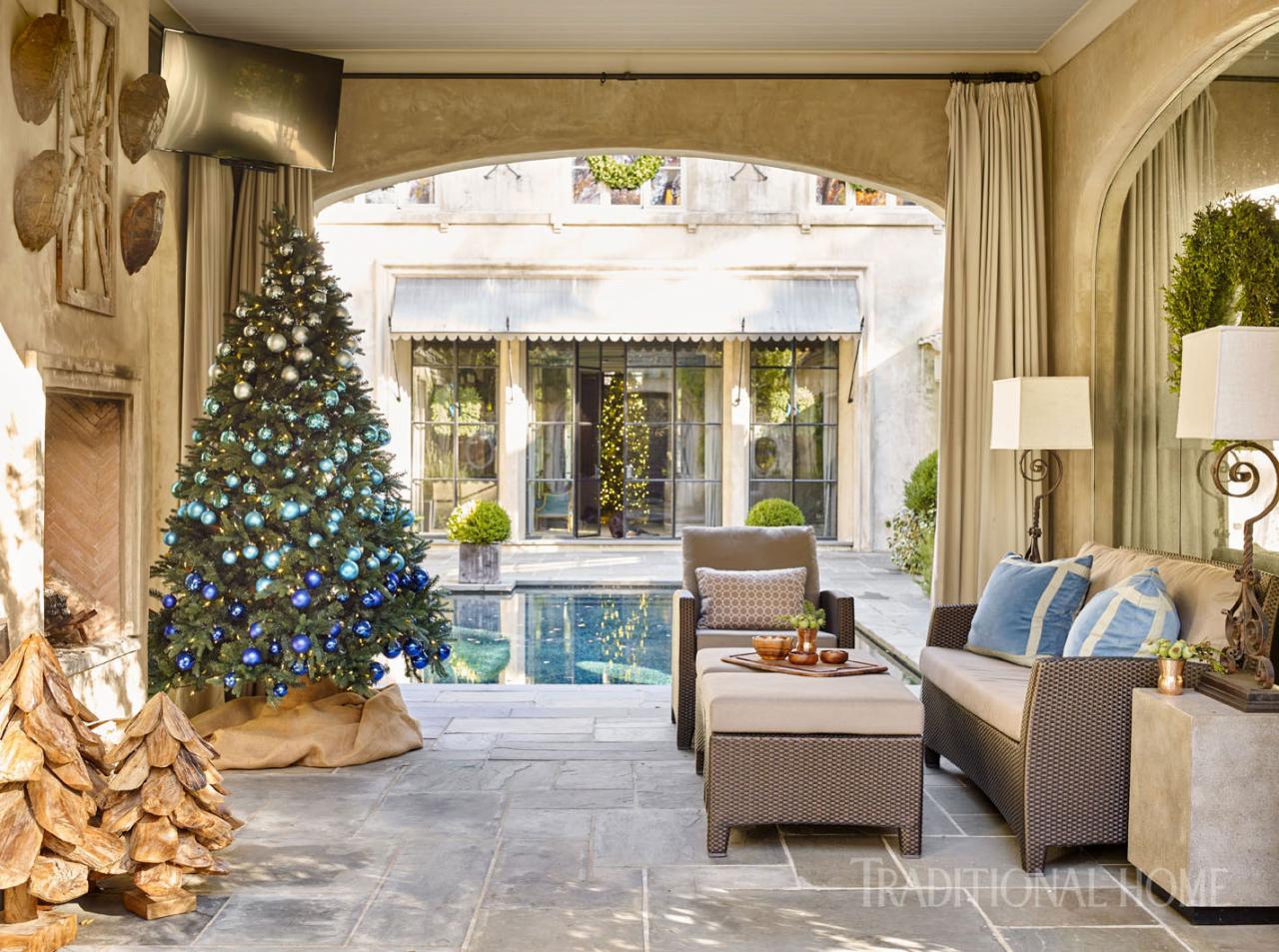 veranda by pool with christmas tree